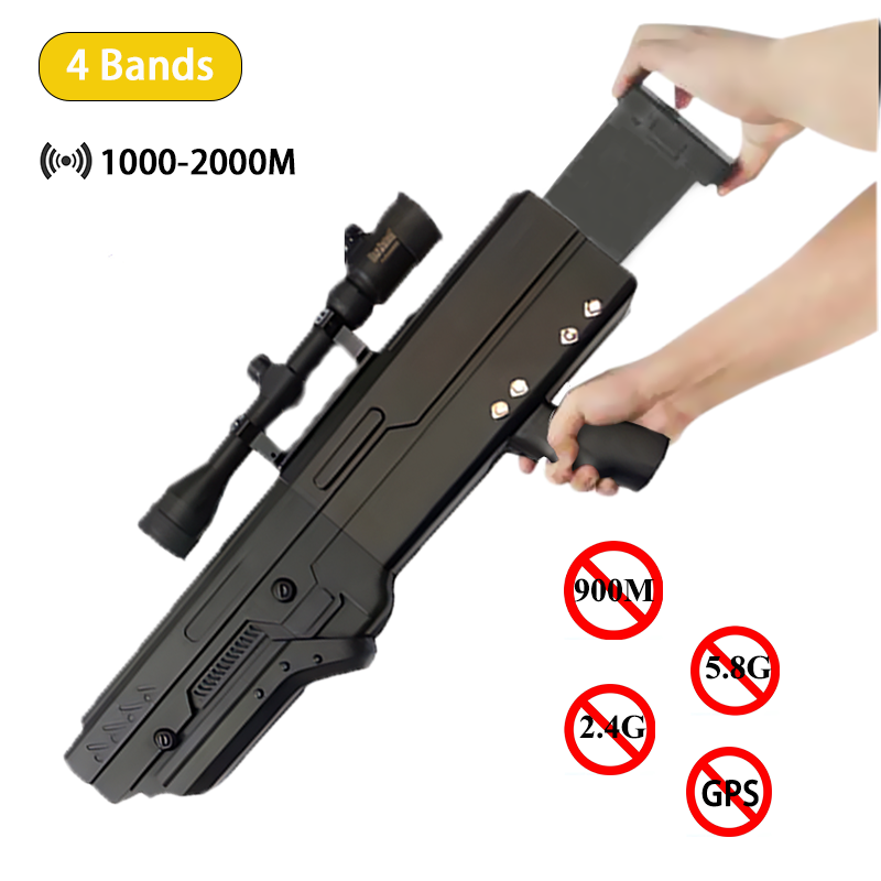 A handheld drone jamming device with a scope, displaying features such as 4 bands, 1000-2000M range, and symbols indicating the absence of 900M, 5.8G, and GPS signals.