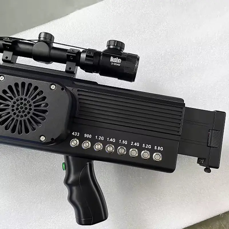 the anti drone gun shape with fans, frequencies and scope.