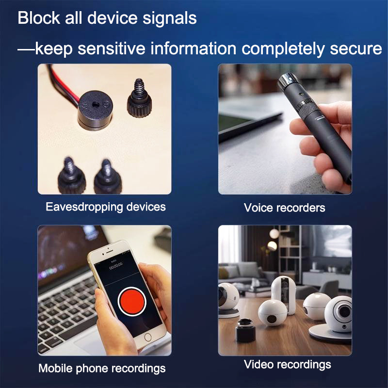 Advertisement for security devices against eavesdropping, voice recorders, mobile phone recordings, and video recordings.