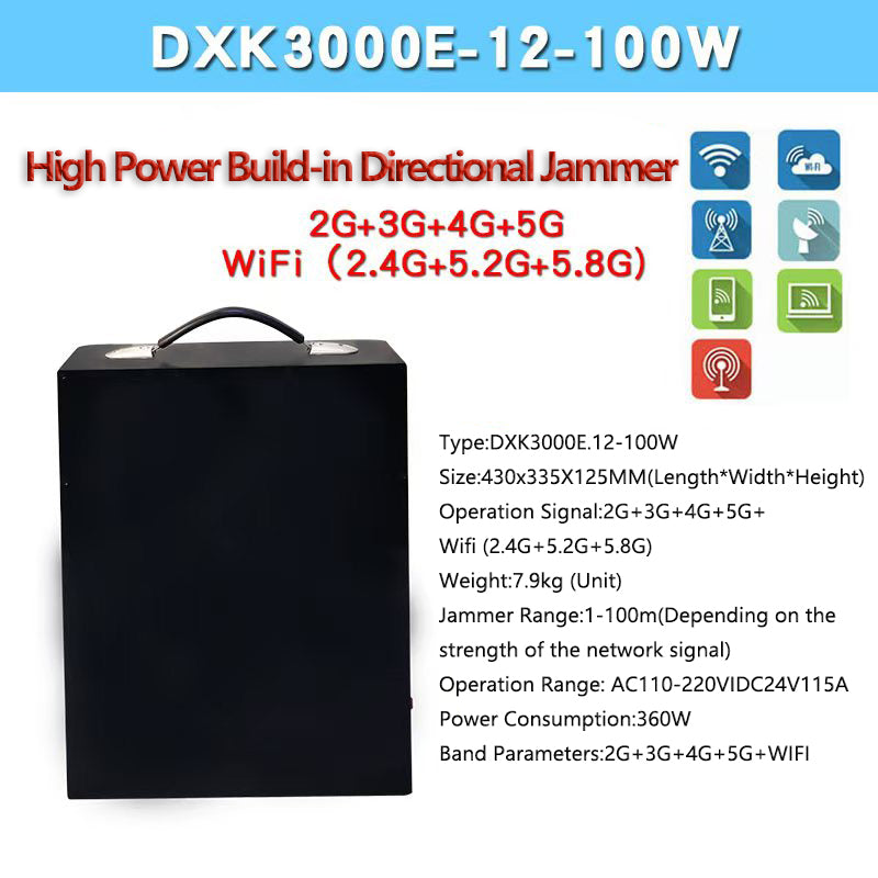Black high-power phone jammer with technical specifications on a white background