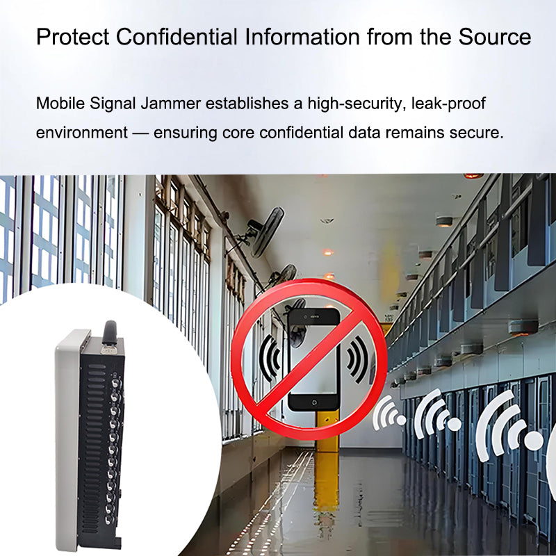 Advertisement for a mobile signal jammer with text and product image in a prison.