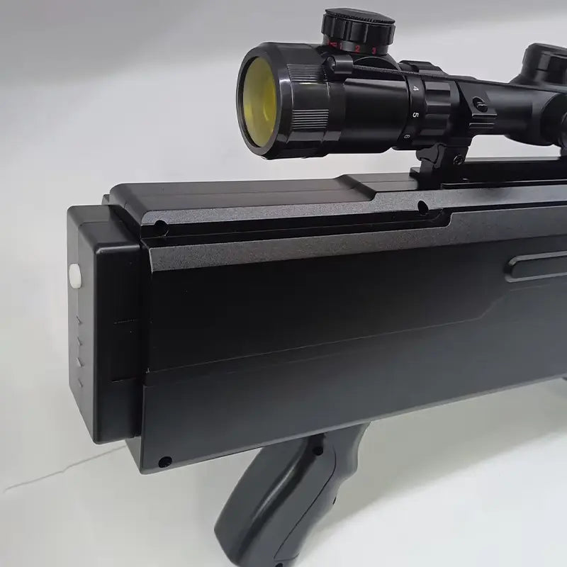 A black drone jammer gun with a scope, designed to disrupt drone communication and navigation signals.