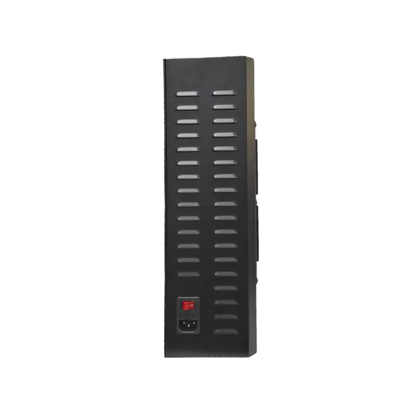 Black cell phone reception jammer with a red indicator light on a white background