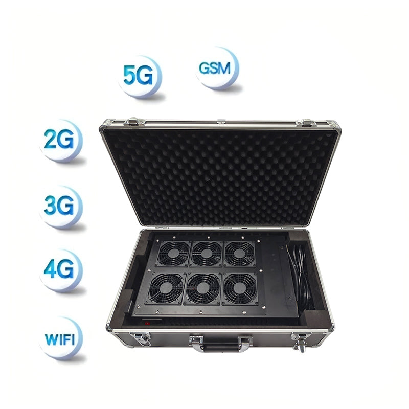 A portable signal blocker device with multiple fans inside a metal case, with visual indicators for 5G, 2G, 3G, 4G, and WiFi frequencies.