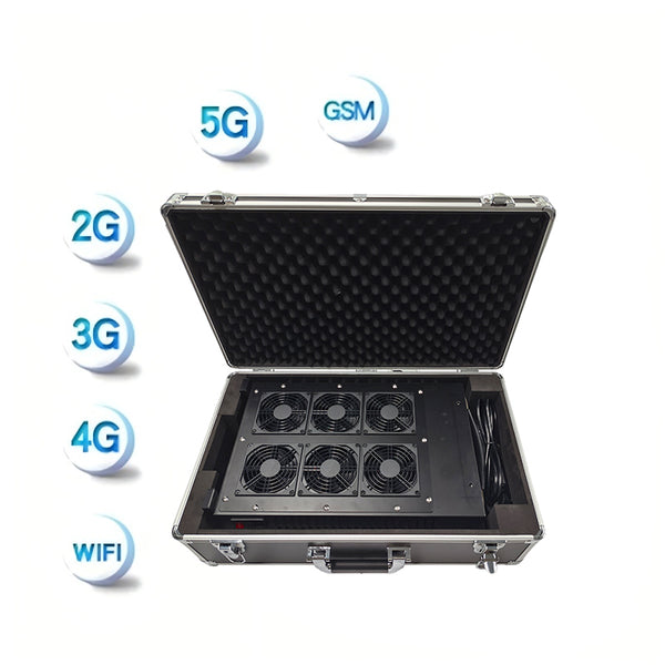 A portable signal blocker device with multiple fans inside a metal case, with visual indicators for 5G, 2G, 3G, 4G, and WiFi frequencies.