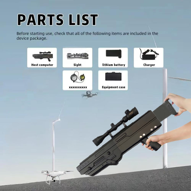 anti drone gun parts list with host, sight, lithium battery and case.