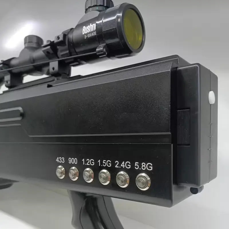 the black drone gun jammer with scope and frequencies 433. 900MHz and 1.2/1.5/2.4/5.8G