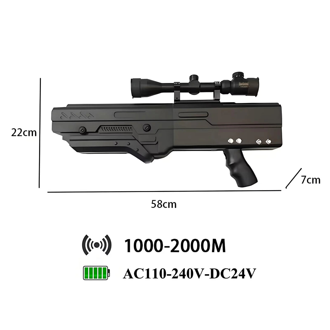4 Bands GPS Drone Jamming Gun with its size, jamming distance, and battery voltage.