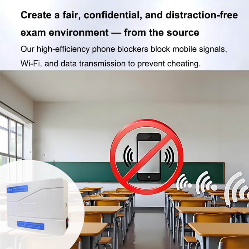 Classroom with a phone blocker device and text about creating a fair exam environment.