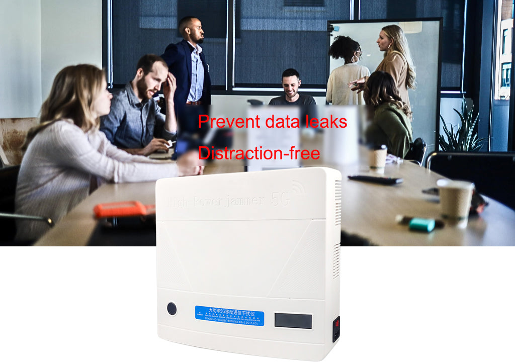 mobile phone blocker with blue label on a background of a meeting room with people.