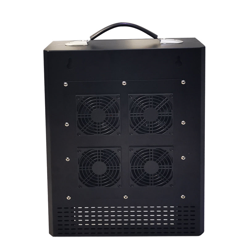 Black portable phone jammer with handle and fans on a white background