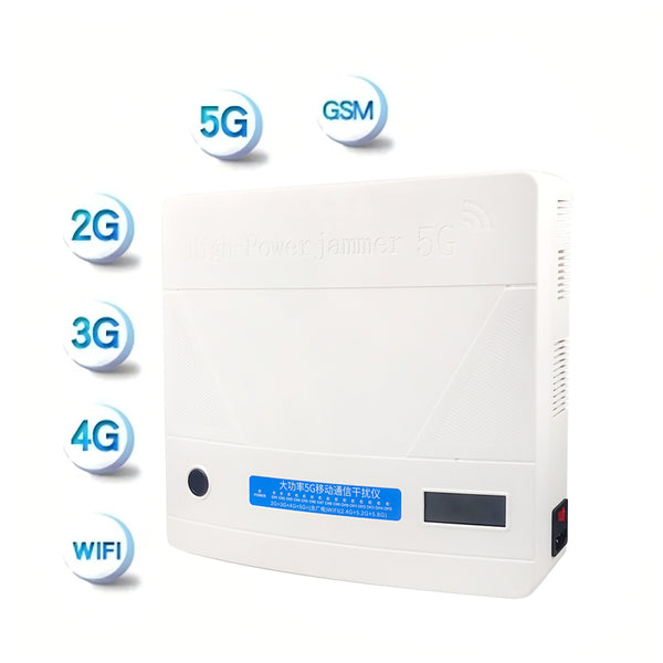 A white classroom cell phone jammer with symbols indicating 5G, GSM, 2G, 3G, 4G, and WiFi frequencies. 